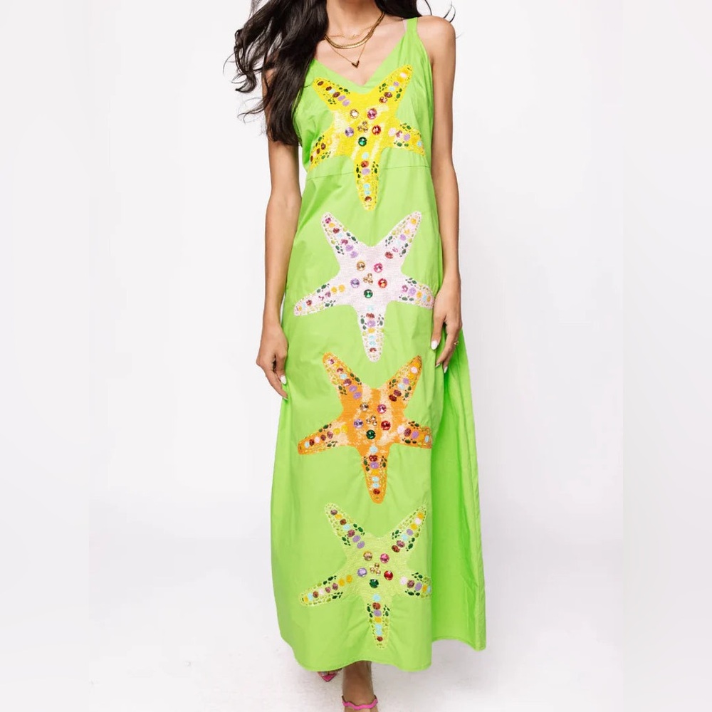 NWOT Queen of Sparkles starfish maxi Lime green Sequin dress XL